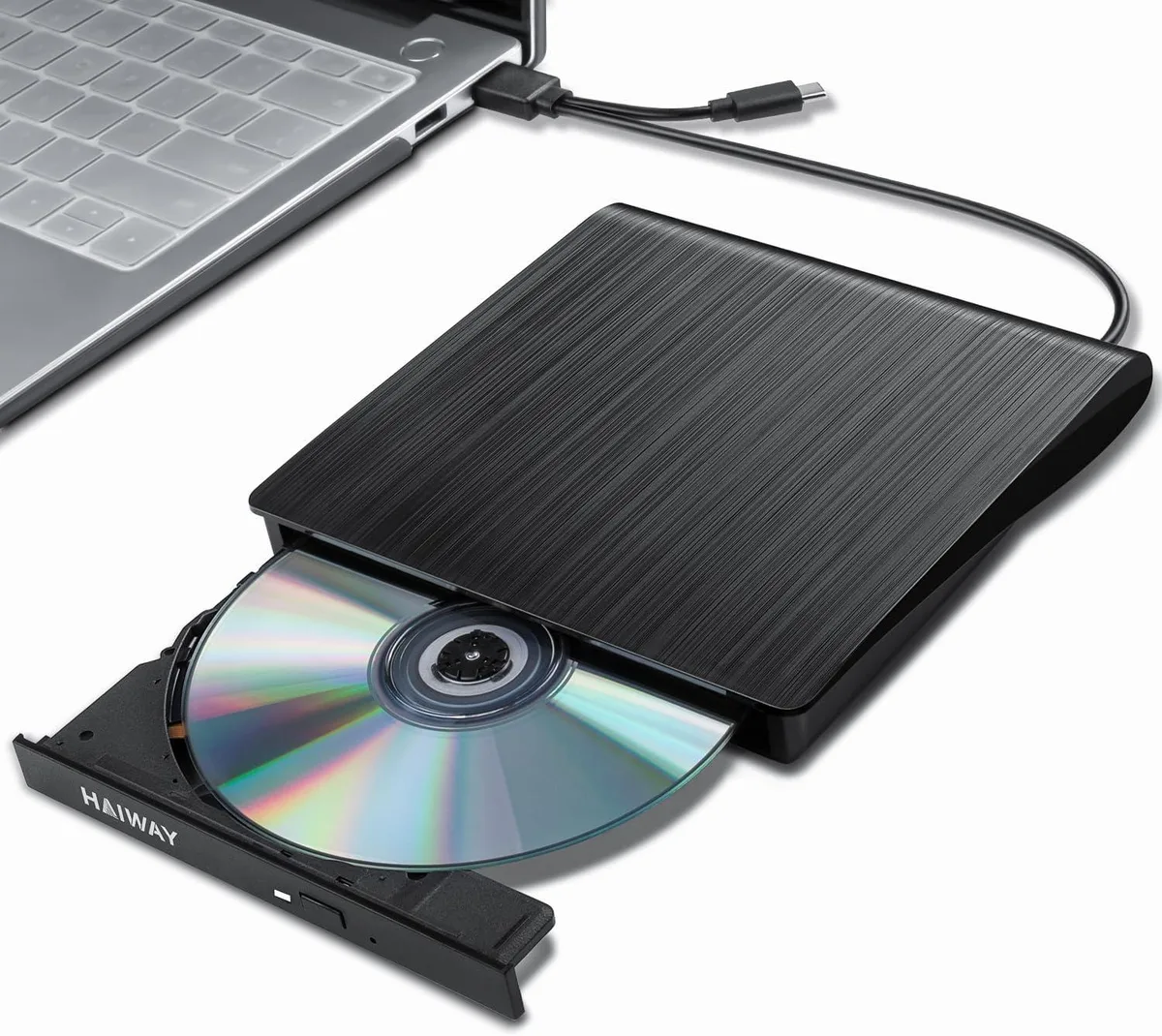 Slim black external optical drive with USB 3.0 and Type-C connectors