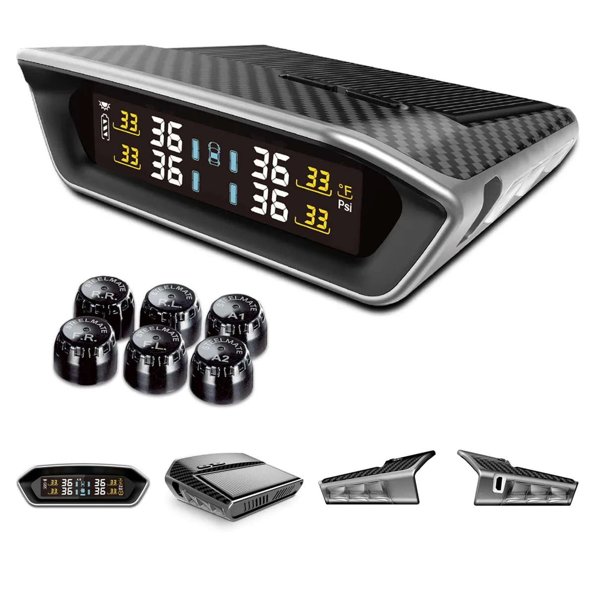 Rectangular black monitor with solar strip and six silver valve sensors