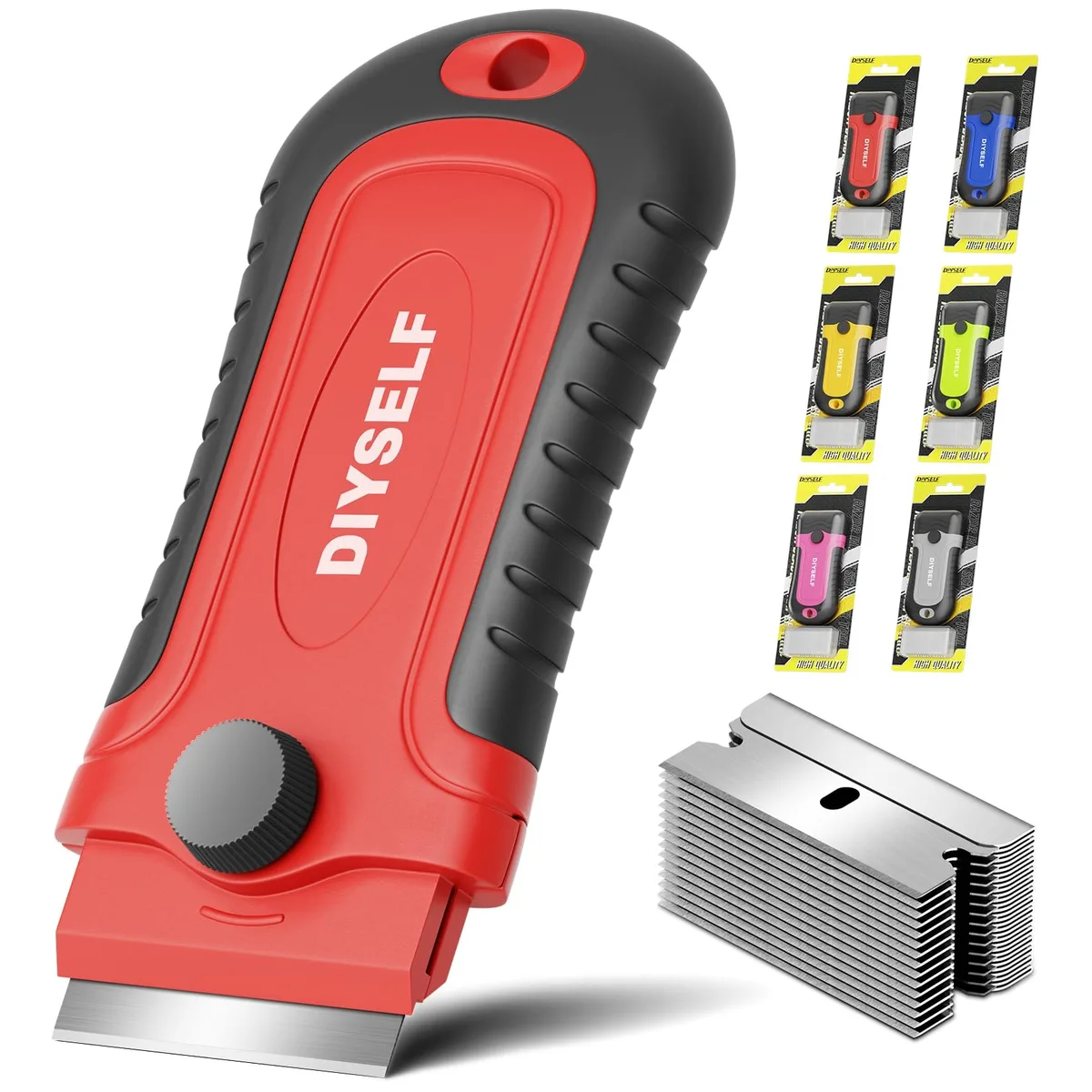 Red plastic scraper with rubber handle and 15 blades