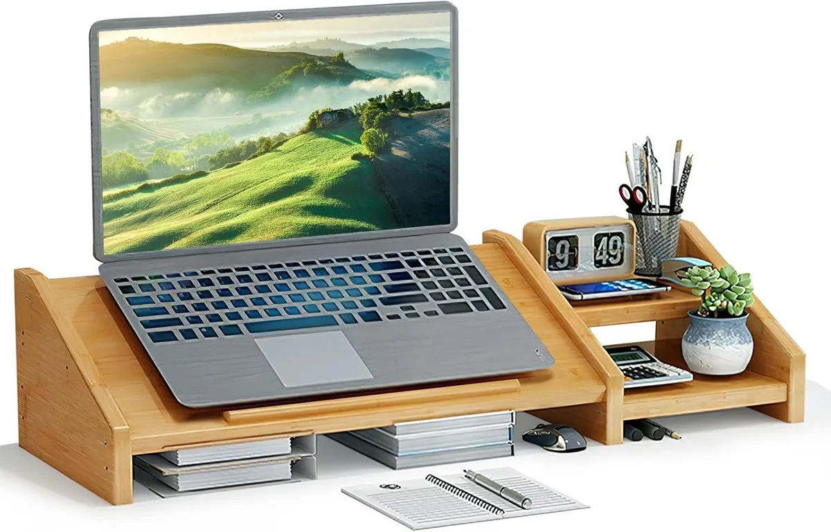 PISKEKAT PISKEKAT Bamboo Monitor Riser 3-Height Adjustable 2-Tier Shelf L24 W10.4 H6.9 in — product photo