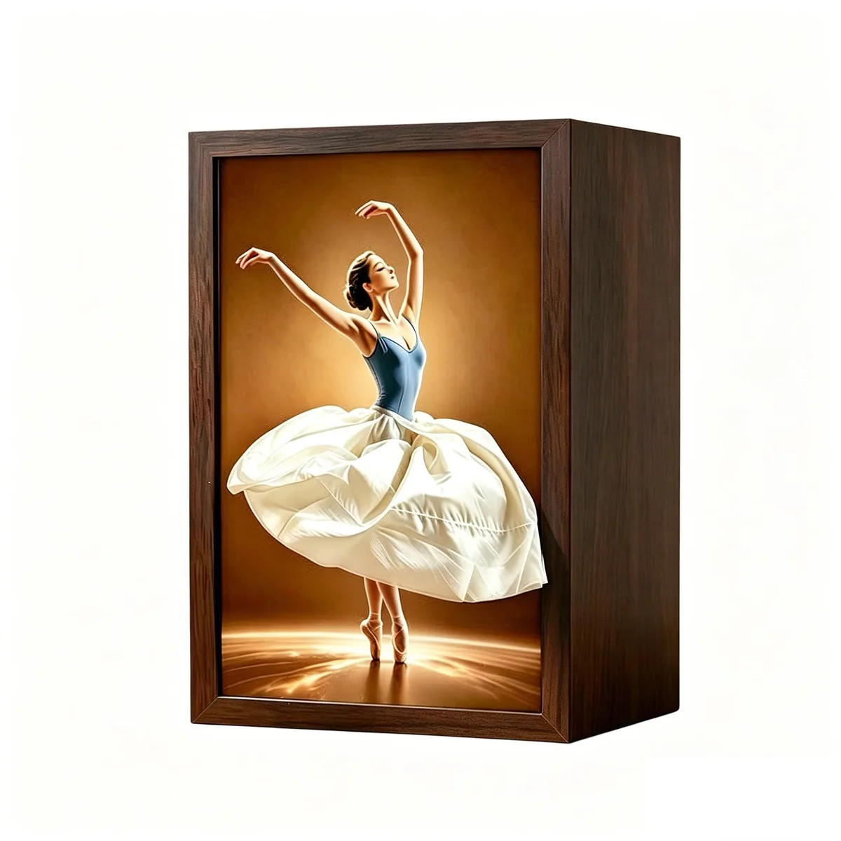 Walnut wood tissue box cover shaped as a ballet dancer with interactive skirt design