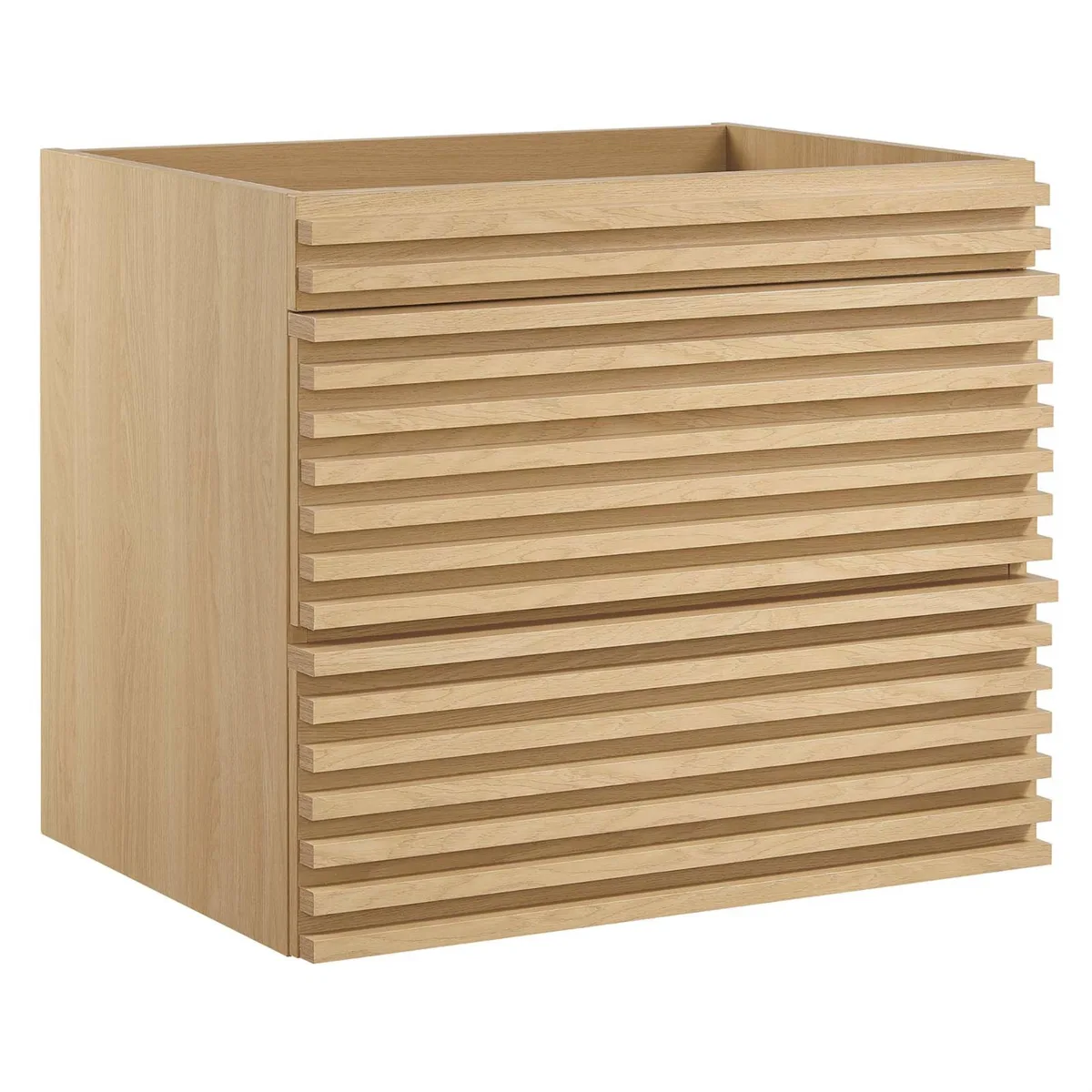 Wall-mounted vanity with walnut grain finish, ceramic sink and two full-extension drawers