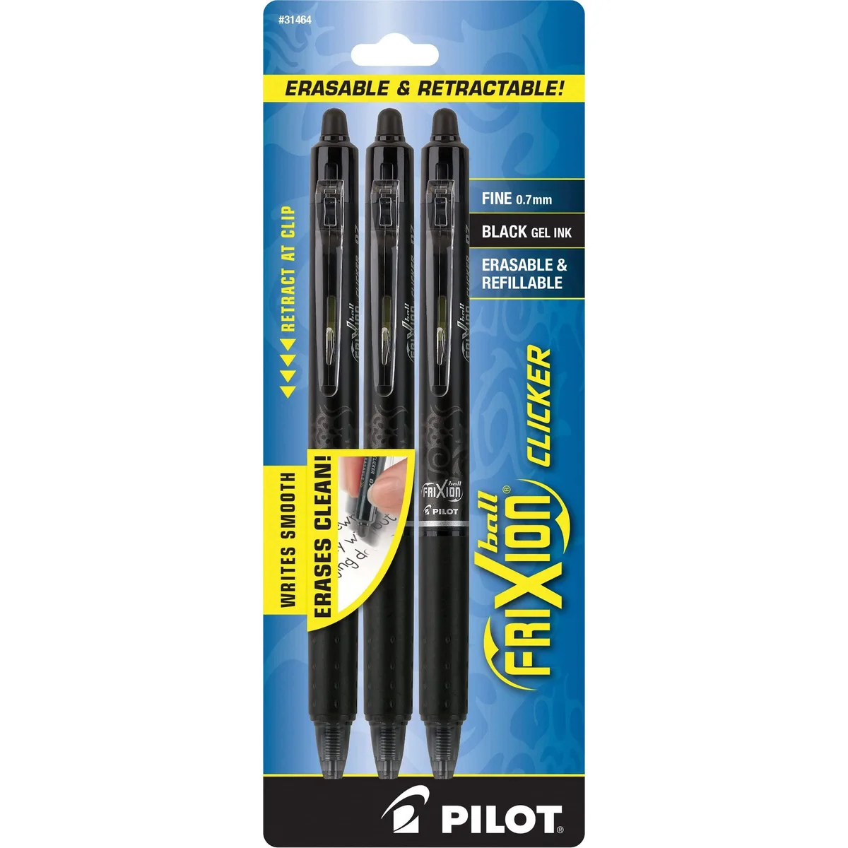 Three black retractable gel pens with eraser tips on a plastic barrel