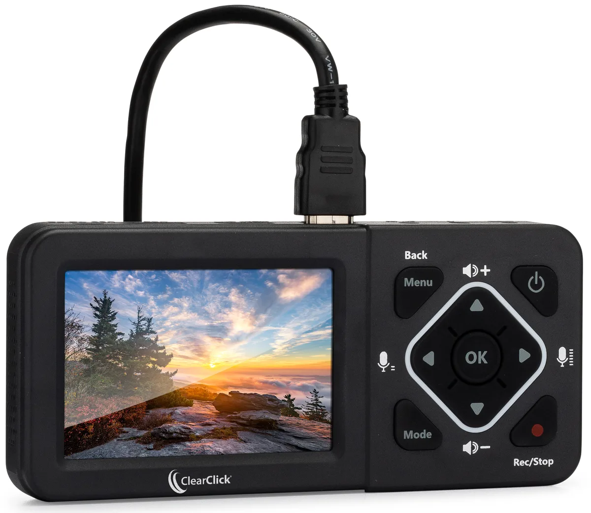 Compact black capture box with 3.5 inch LCD screen, HDMI and RCA ports, built-in speaker, battery and remote control