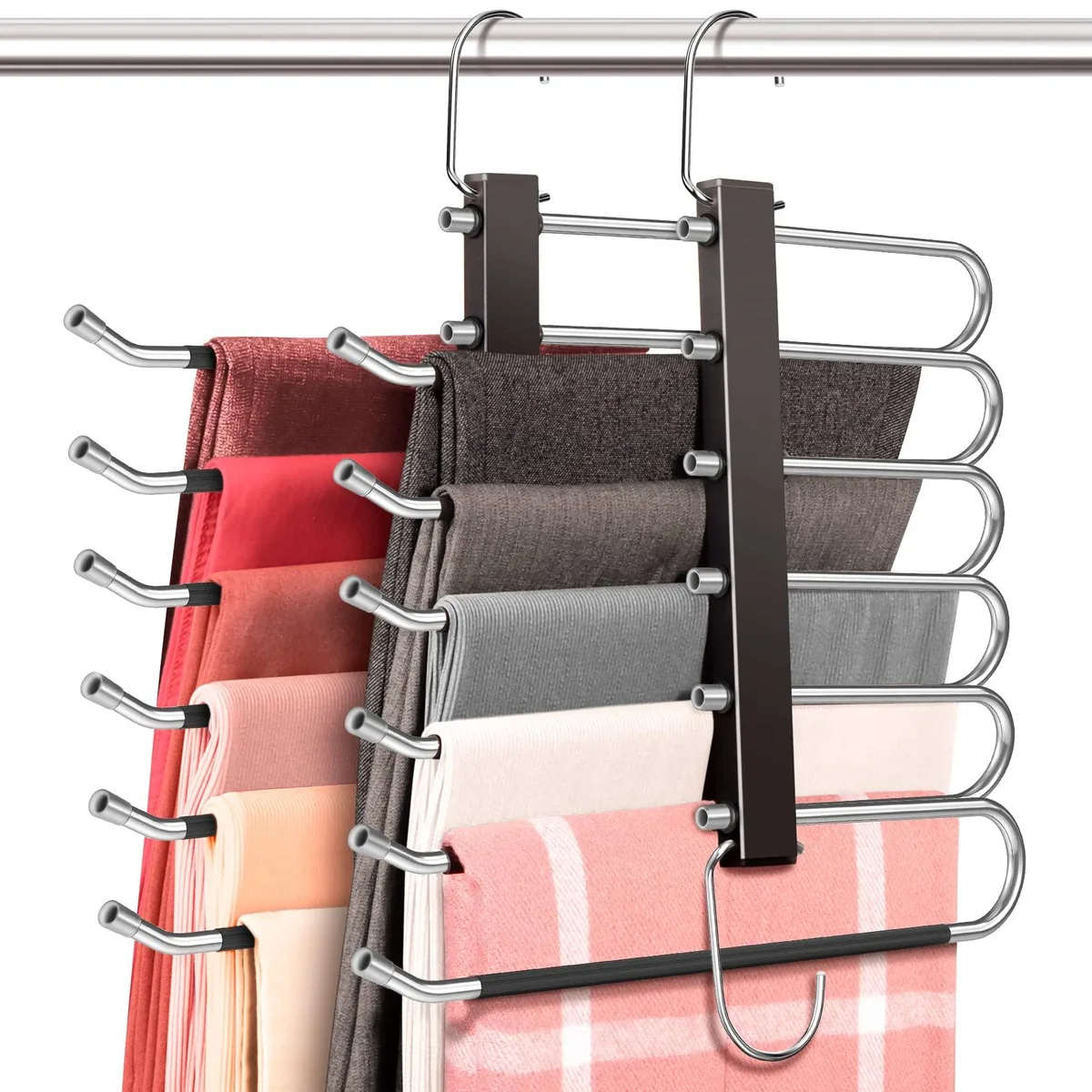 Two black stainless steel six-tier pant hangers with open-ended rods and anti-slip rings