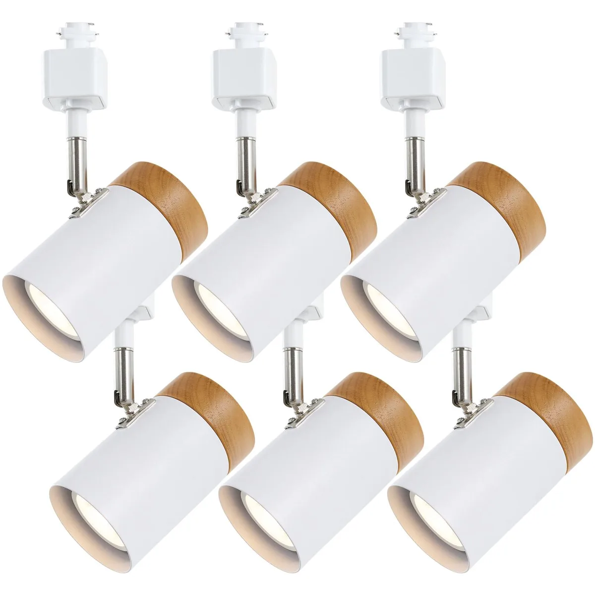 Six white track heads with wood accents, semi-flush mount, rotatable and adjustable direction