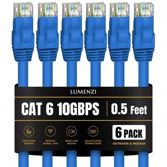 Lumenzi Lumenzi Cat 6 Ethernet Cable 0.5 ft Blue 6 Pack 10 Gbps 550 MHz — product photo
