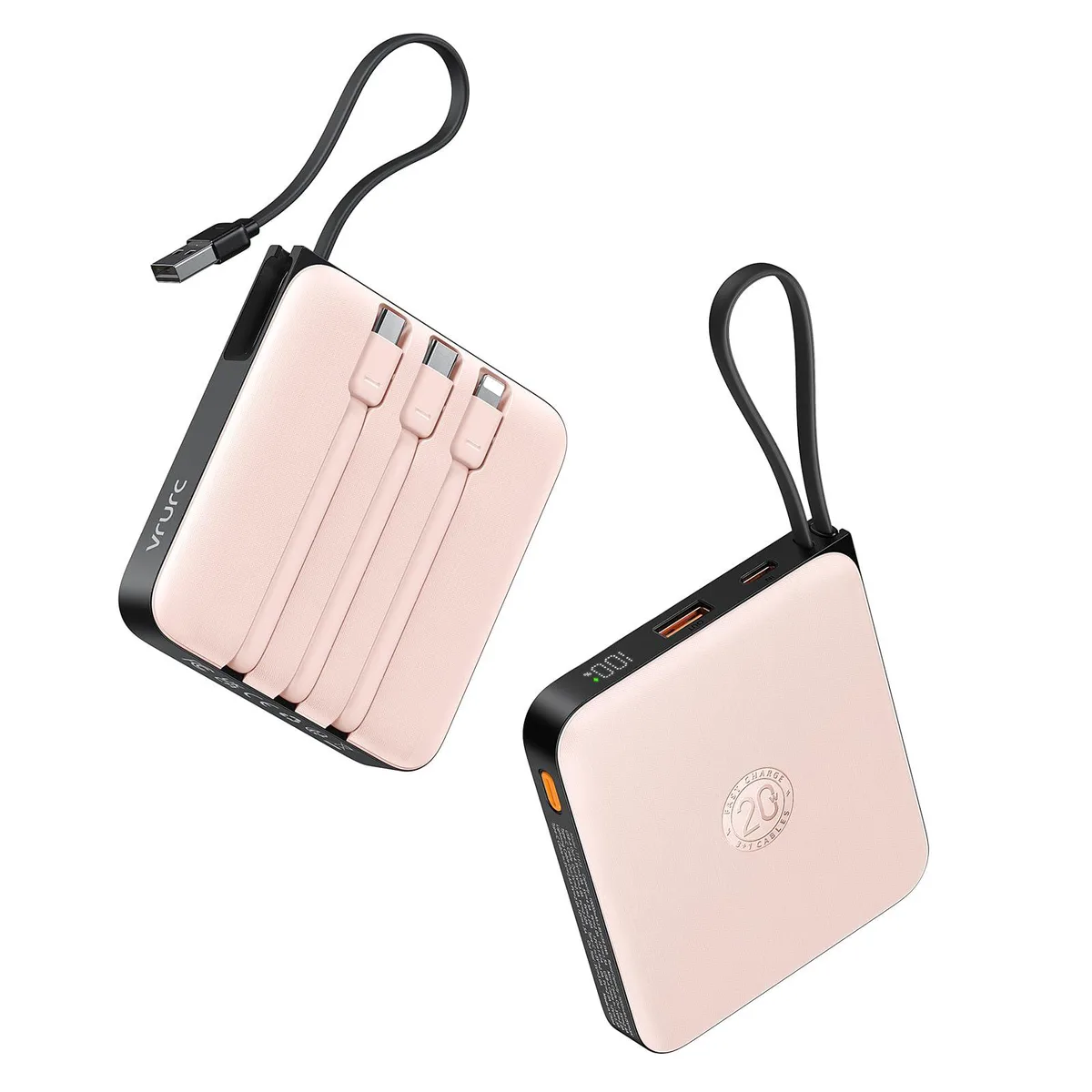 Pink rectangular power bank with built-in cables and LED display