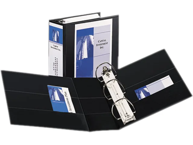 Black 5 inch slant-ring view binder with clear cover overlay