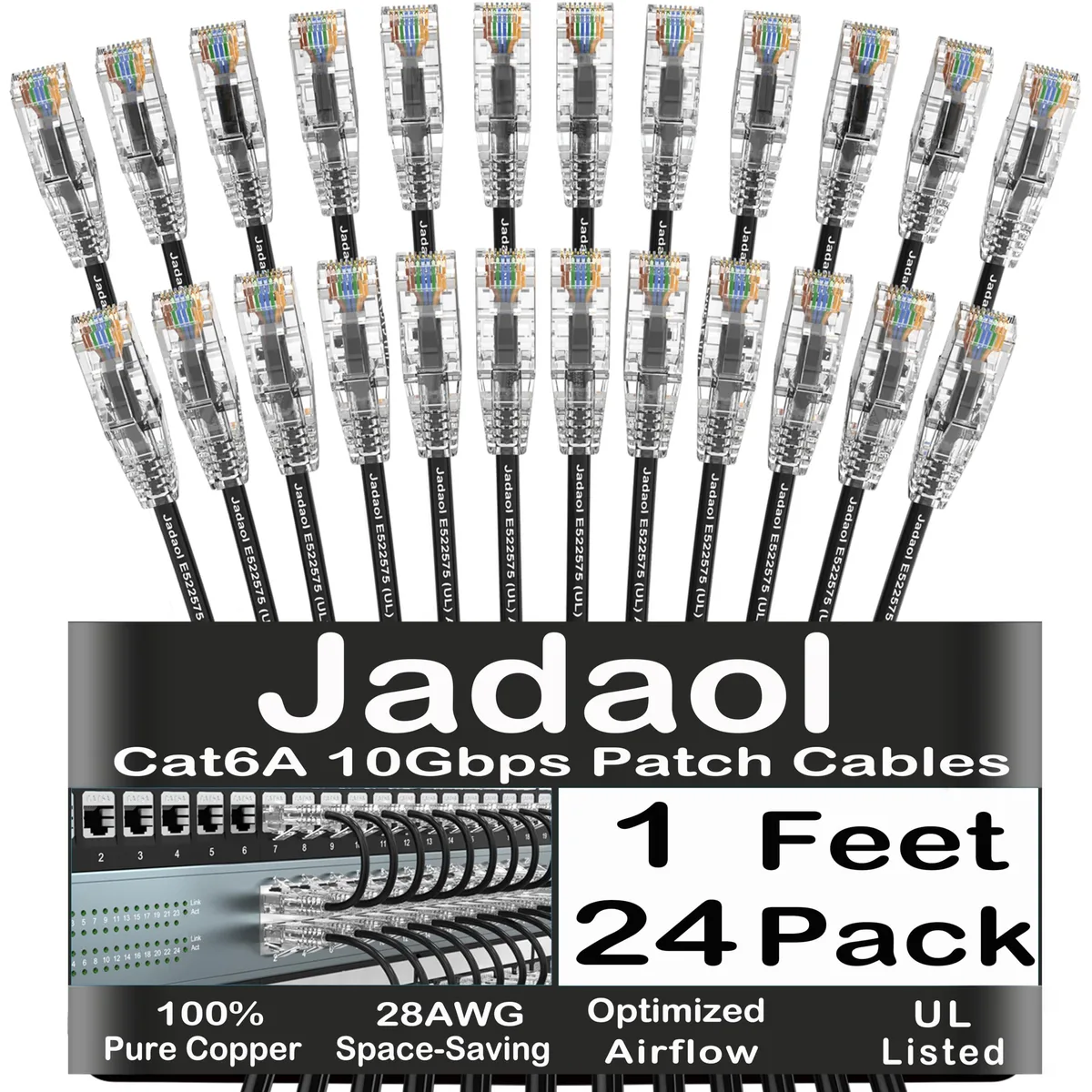  Jadaol Cat6A Slim Patch Cable 1FT 24Pack 28AWG Black 10Gbps 550MHz — product photo
