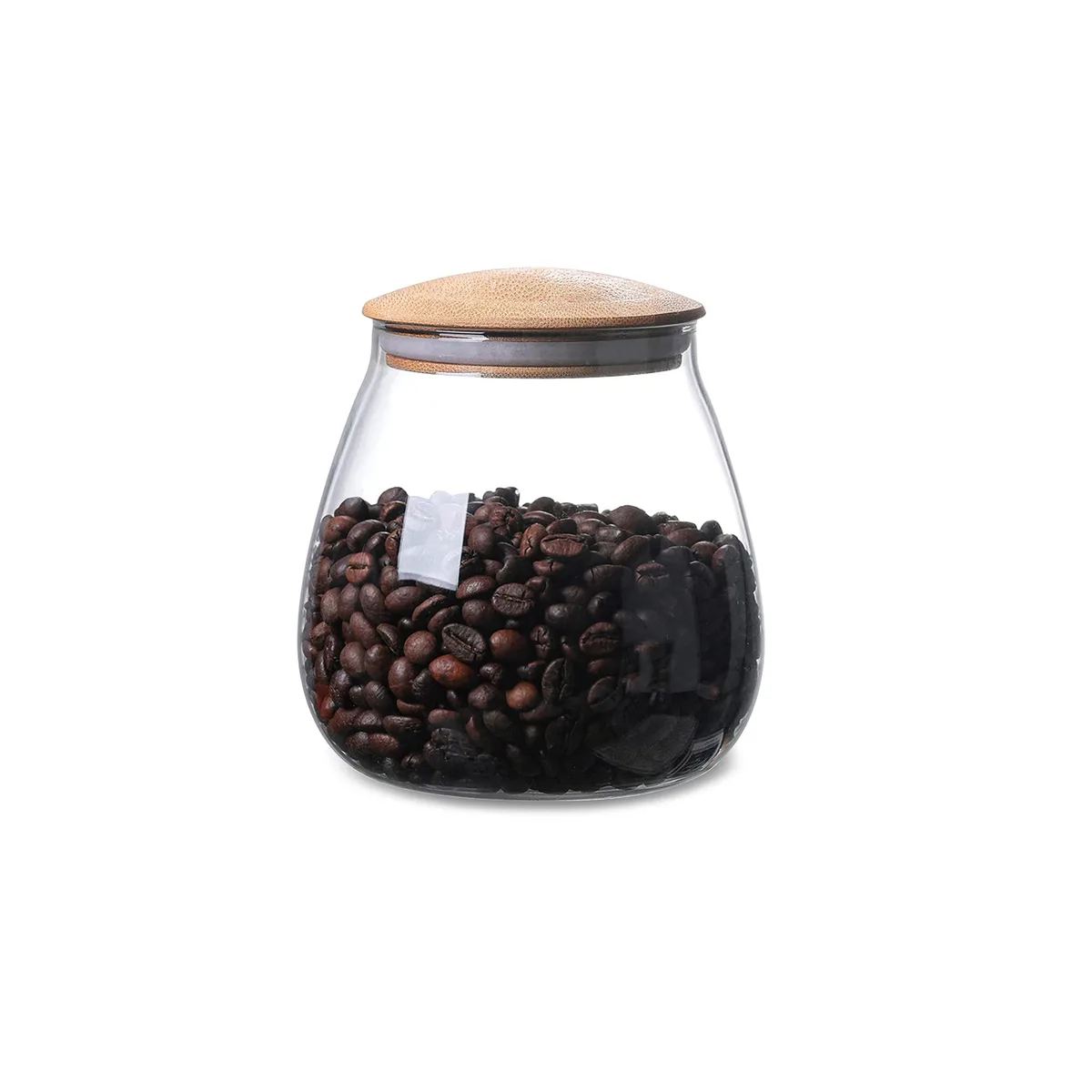 Clear glass canister with flat bamboo lid, rounded shape