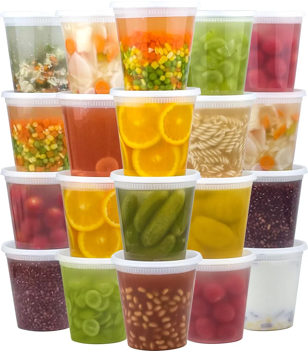 Fifty clear 32 oz deli containers with matching lids stacked together