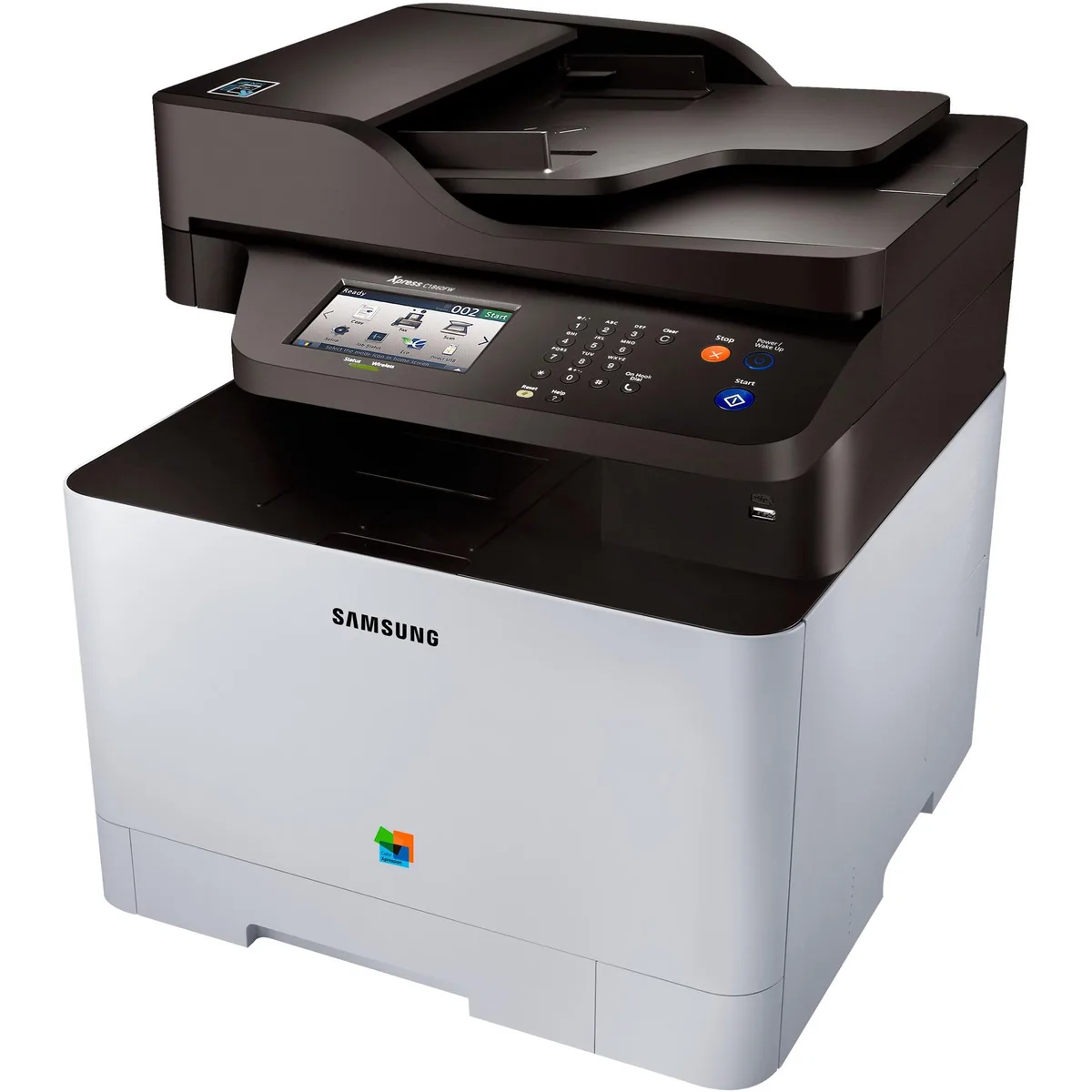 White desktop colour laser multifunction printer with flatbed scanner and 4.3 inch colour touchscreen