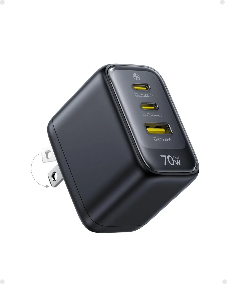 Compact white rectangular USB-C charger with foldable plug and three ports