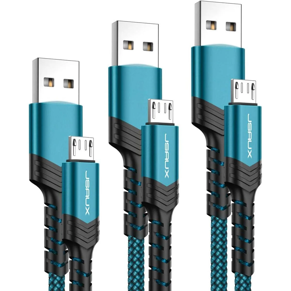 Three green nylon-braided Micro USB cables in 3.3ft 6.6ft and 10ft lengths