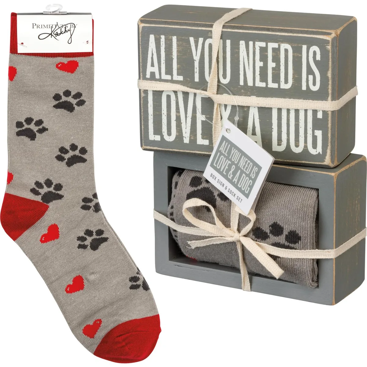Primitives By Kathy Primitives By Kathy Box Sign &amp; Sock Set All You Need Is Love and a Dog 4.5" x 3" x 1.75 — product photo