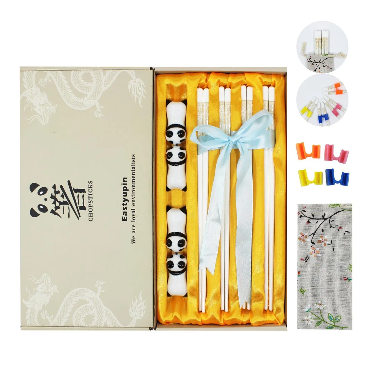 Black ceramic chopsticks set with panda rests and storage bag