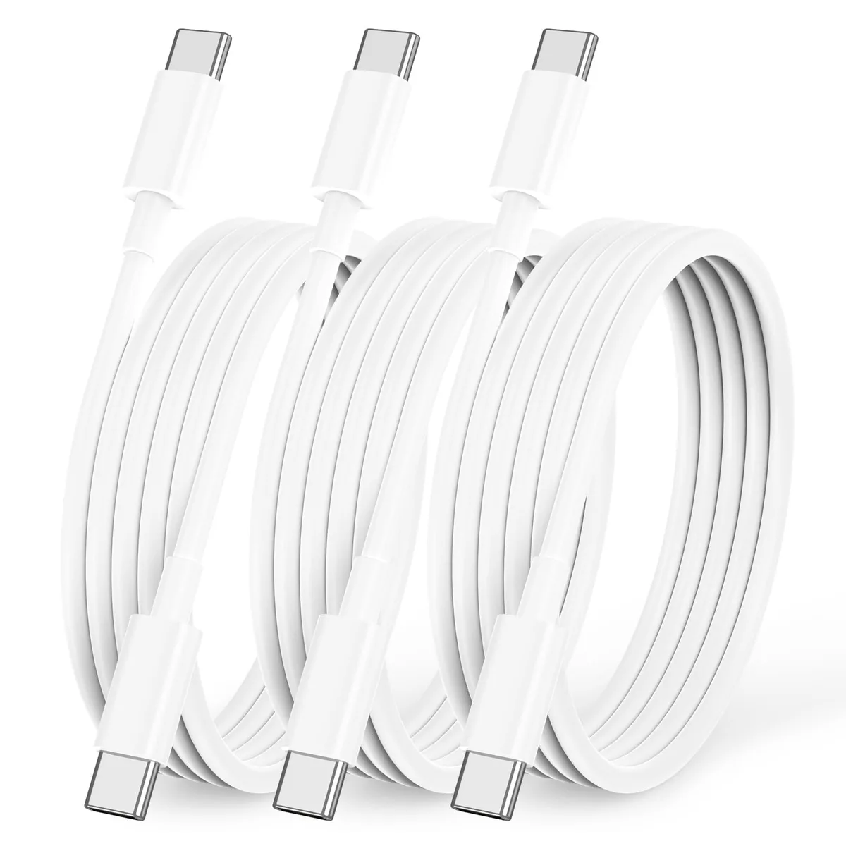 Three white USB-C to USB-C cables coiled together, each three feet long