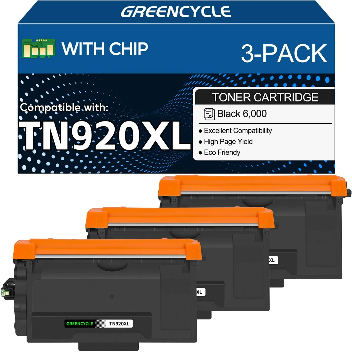 GREENCYCLE GREENCYCLE TN920XL Compatible Toner Cartridge 3 Pack Black 6000 Pages — product photo