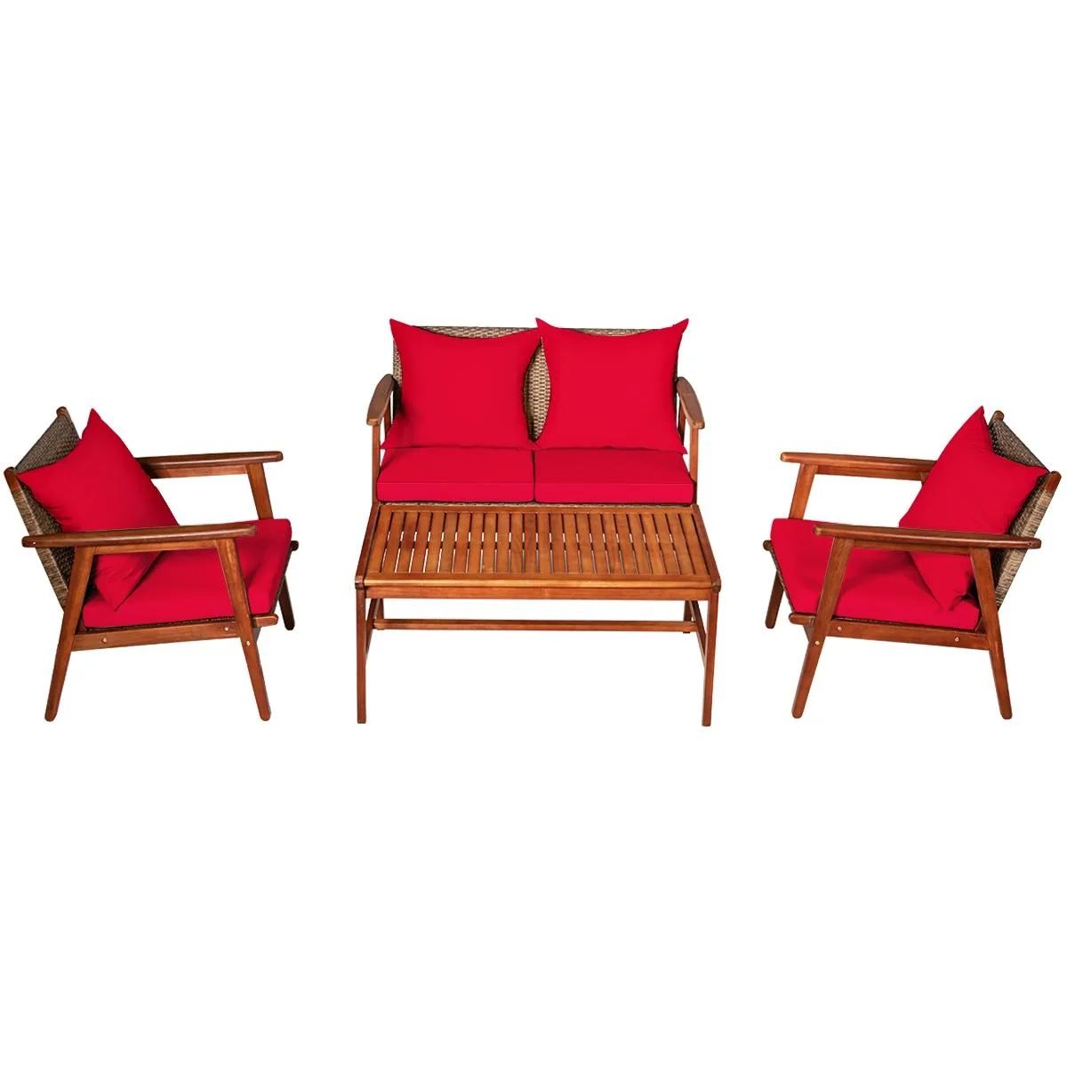 SlickBlue SlickBlue 4 Piece Acacia Wood Patio Rattan Furniture Set Red — product photo