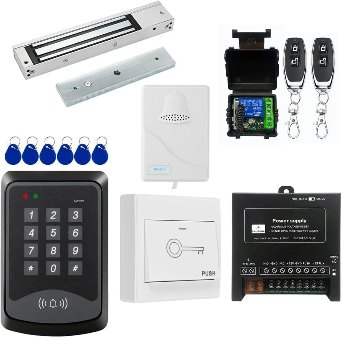 RFID keypad, 600lb magnetic lock, exit button, doorbell chime, remote control