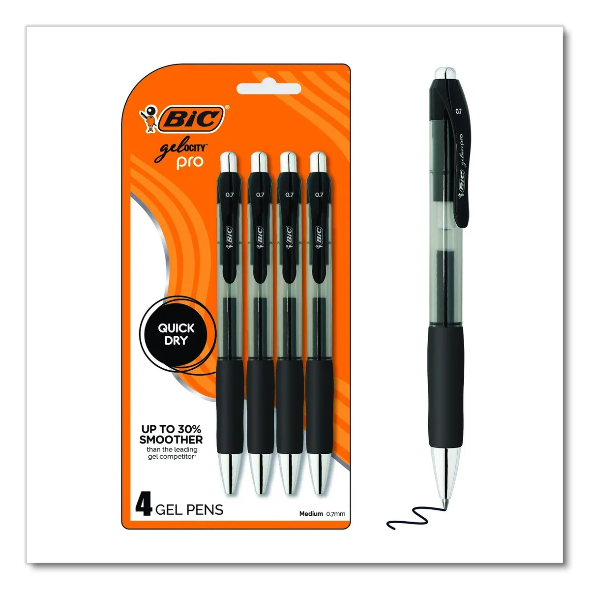 Four retractable gel pens with translucent black barrels and black ink