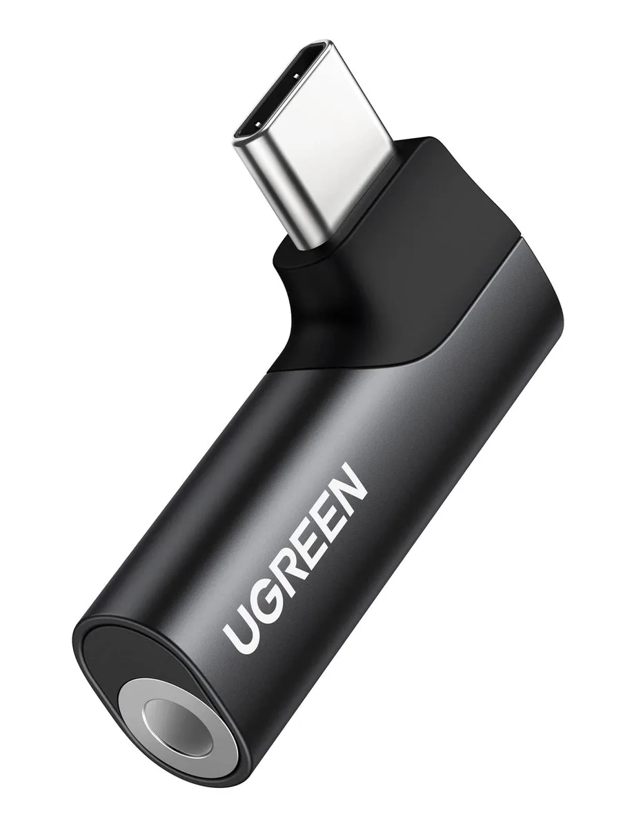 Black right-angle USB-C to 3.5 mm audio dongle with metallic connectors