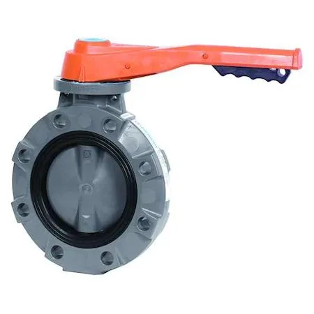White PVC butterfly valve with lever handle and EPDM liner, wafer style, 2-1/2 inch pipe size
