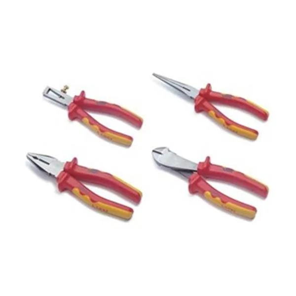 Four orange and yellow insulated high-leverage pliers