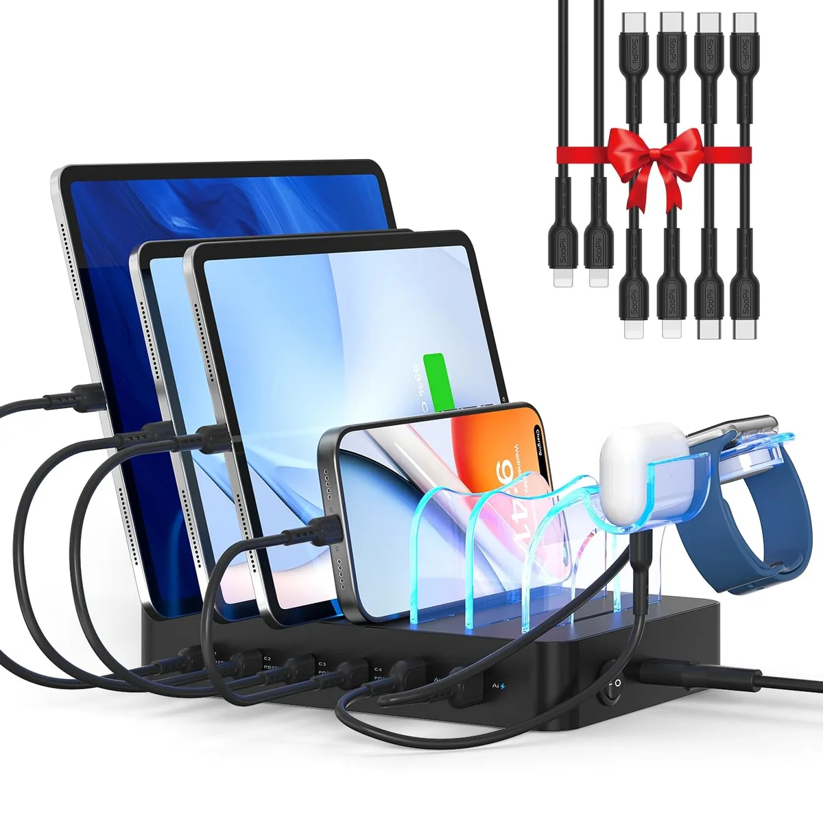 SOOPII 90W 6-Port USB Charging Station with 6 Cables, Black — product photo