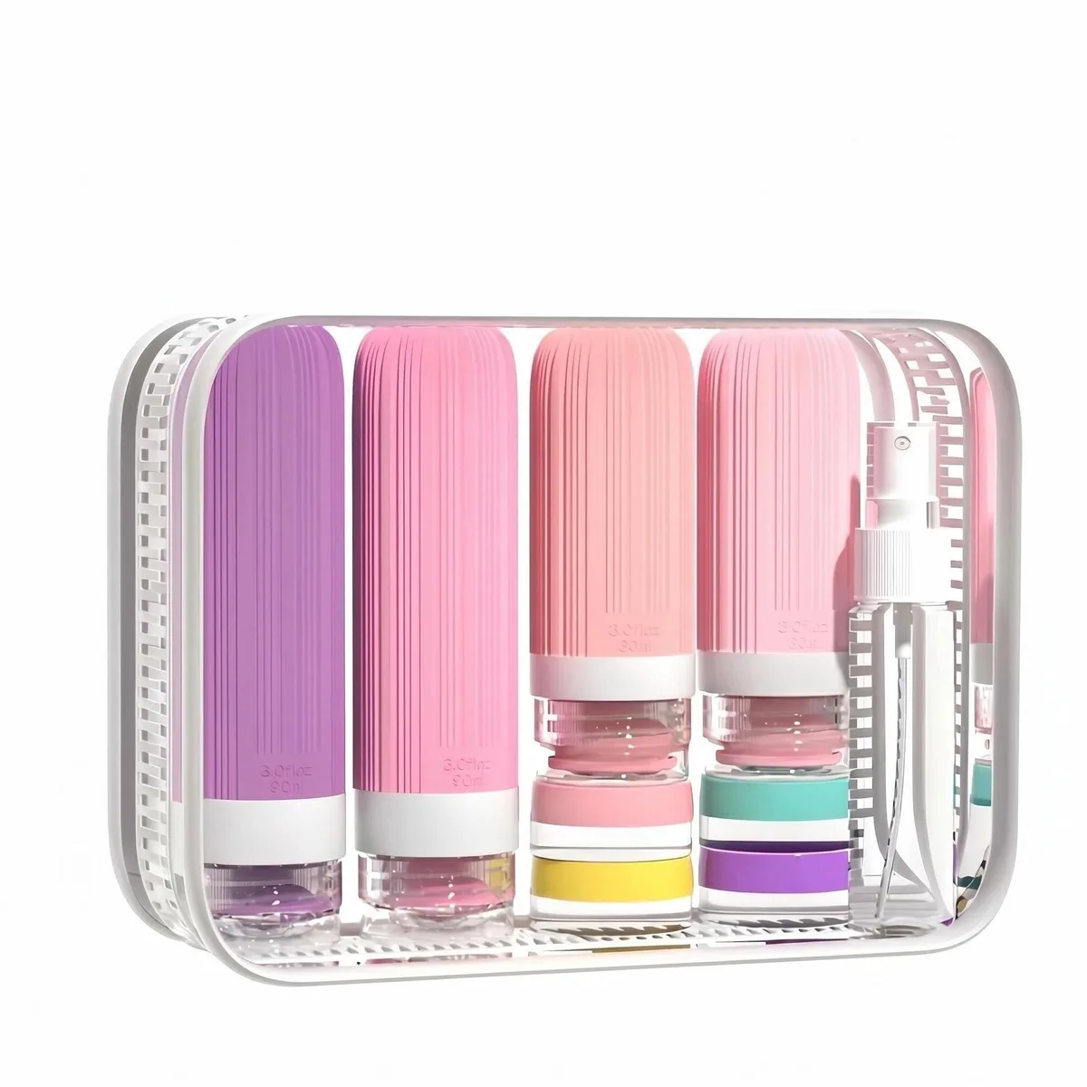 Purple silicone travel bottle set in clear zip case
