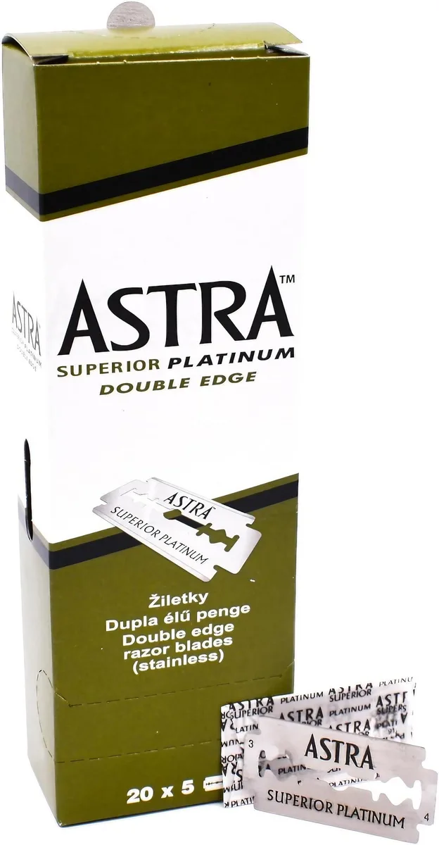 Cardboard box holding 100 platinum-coated stainless steel double-edge blades in 20 packs of five