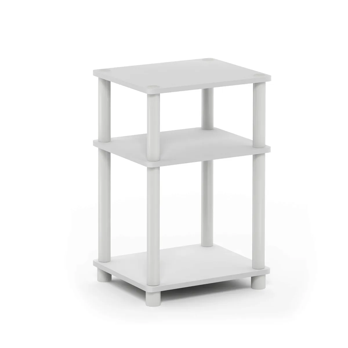 Black three-tier side table with open shelves and rounded corners