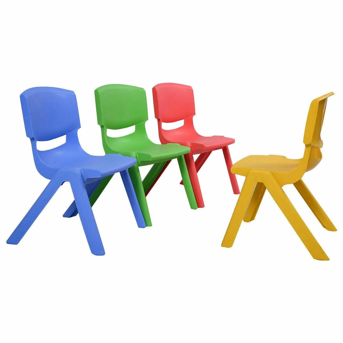 Four multicolour stackable plastic children's chairs, smooth rounded finish