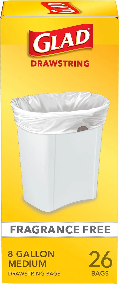 White drawstring trash bags in a sealed pack of 26