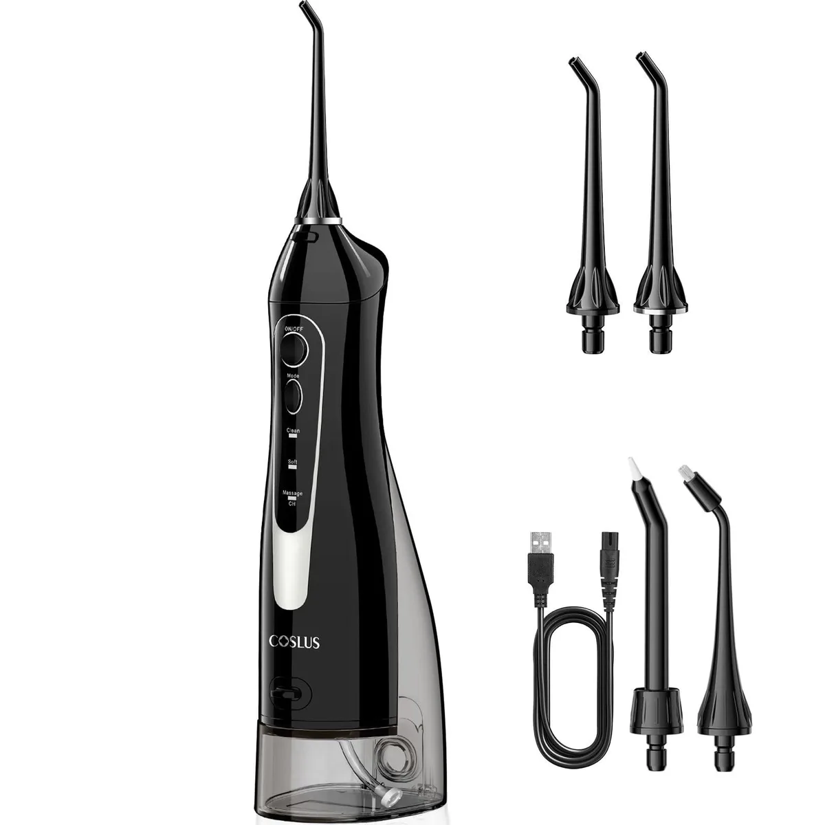 White cordless water flosser with 300ml tank and four tips
