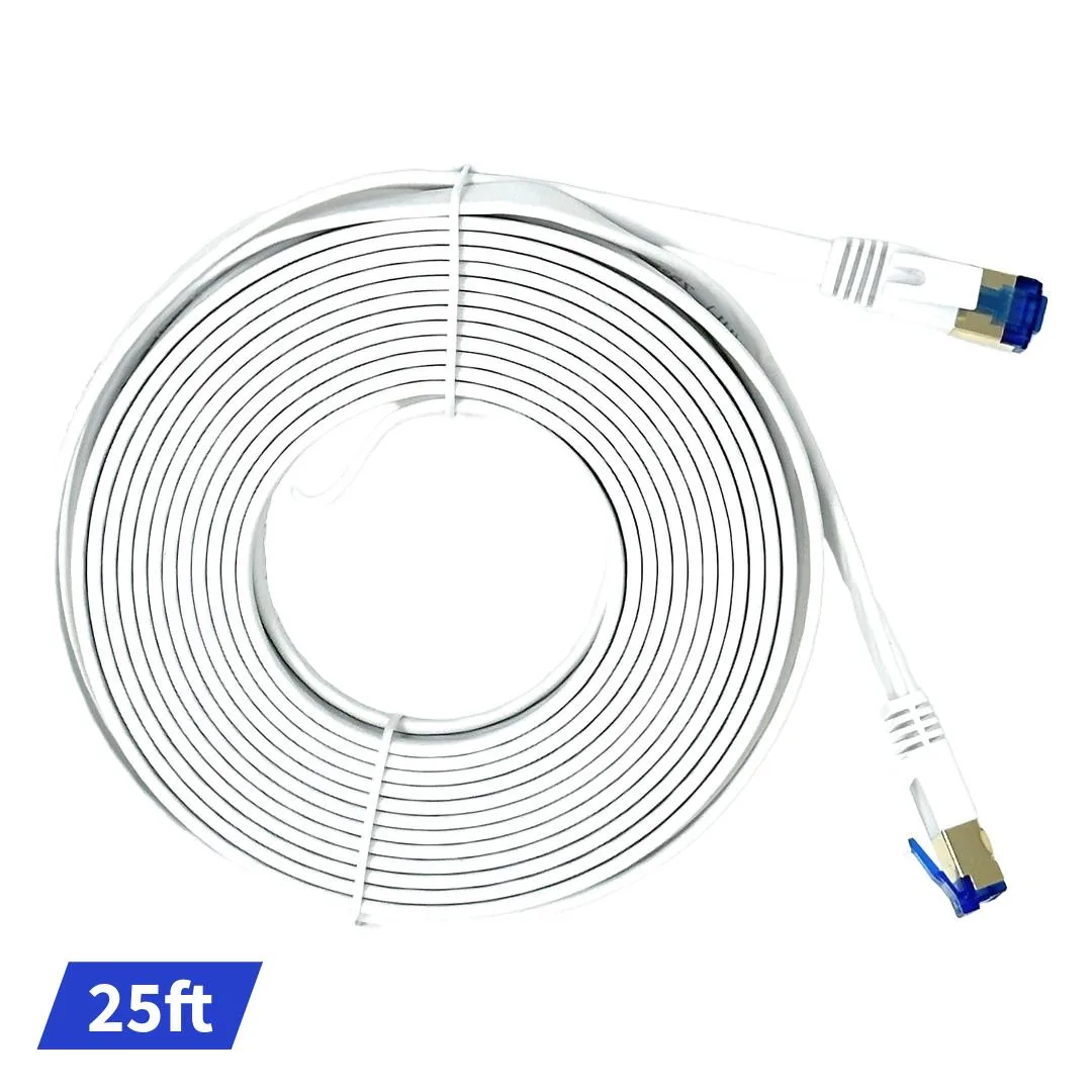 White flat Ethernet cable with RJ45 connectors, 25 ft length