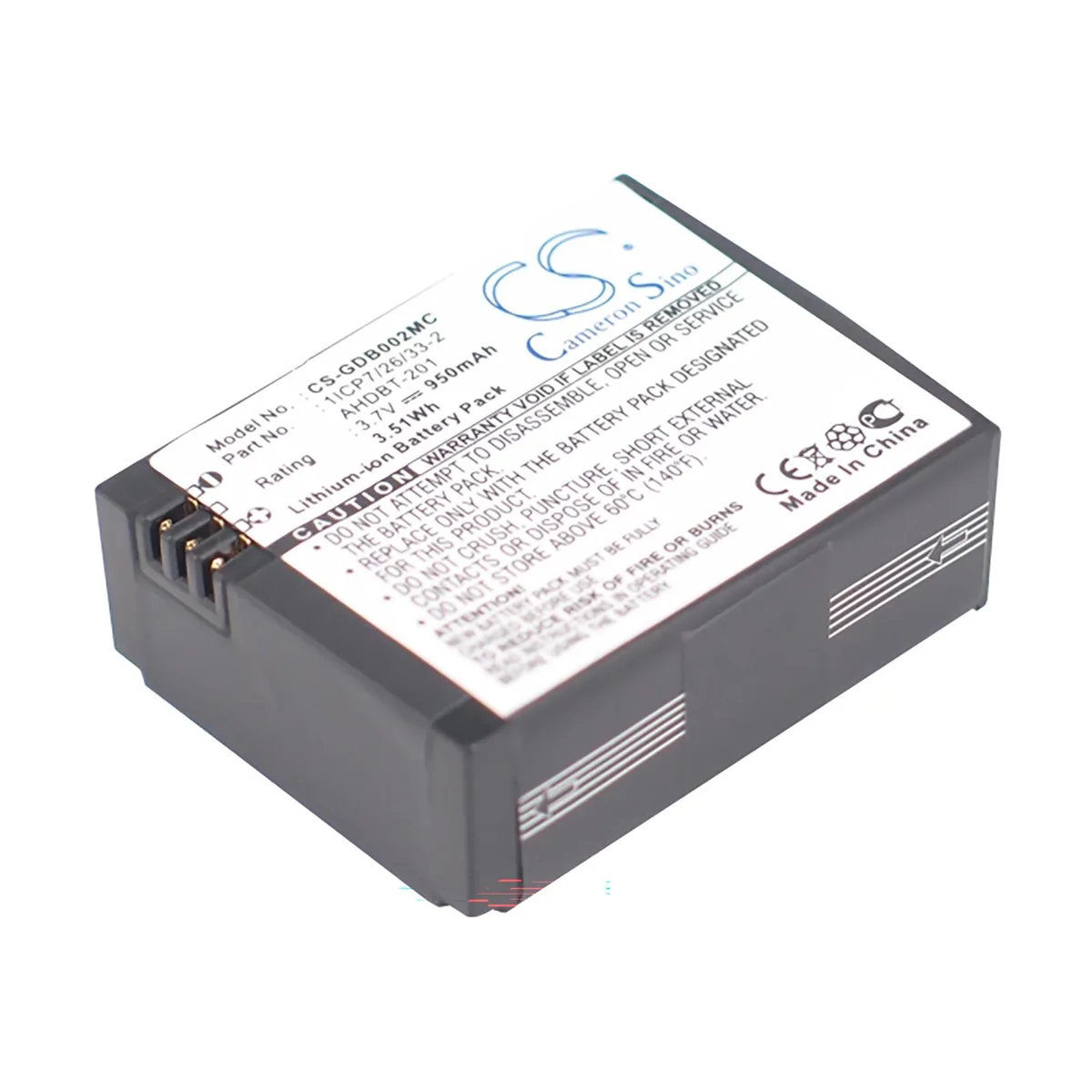 Black rectangular lithium-ion camera battery with rounded edges, 36.77 by 28.80 by 13.21 millimetres