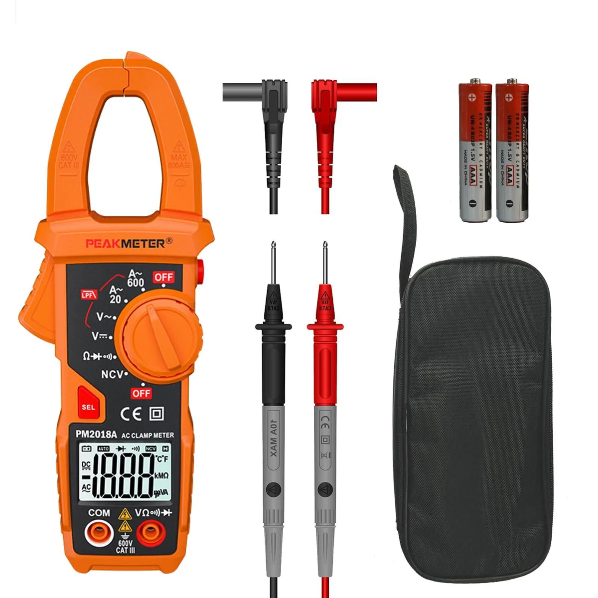 Handheld digital clamp meter with 24mm jaw, yellow ABS body, backlit LCD, test leads and soft case
