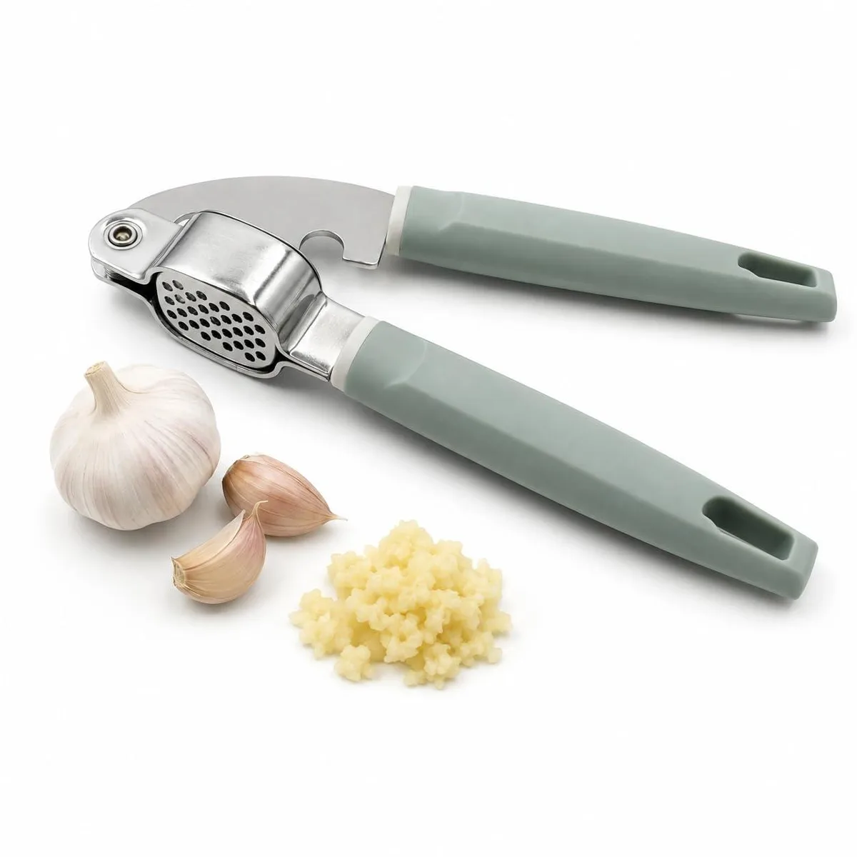 Stainless steel garlic mincer with light blue ergonomic handles