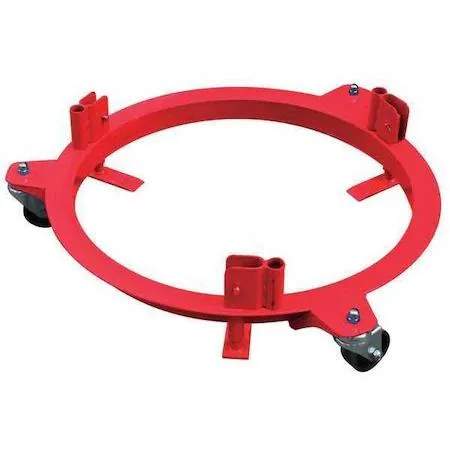 Red steel drum dolly with four casters, open round deck