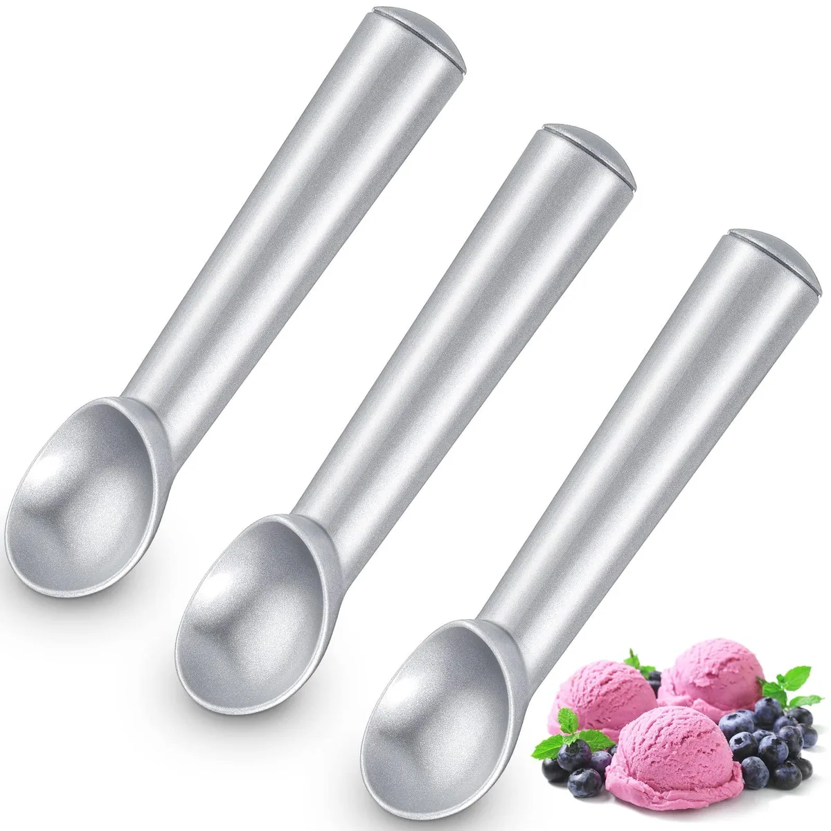 Three silver aluminium ice-cream scoops, 7-inch spear heads, comfort handles