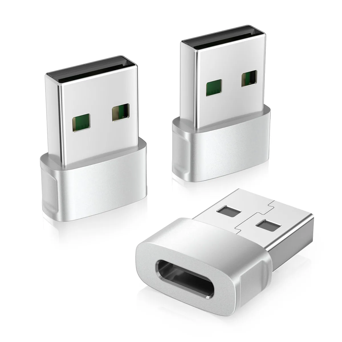 Three silver USB-C female to USB-A male adapters, each about .85 inches long