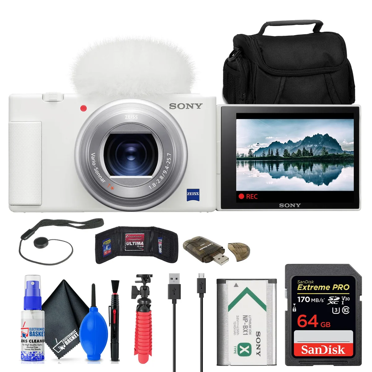 Sony Sony ZV-1 White Camera Kit 64GB Card Case Tripod Cleaning Kit — product photo