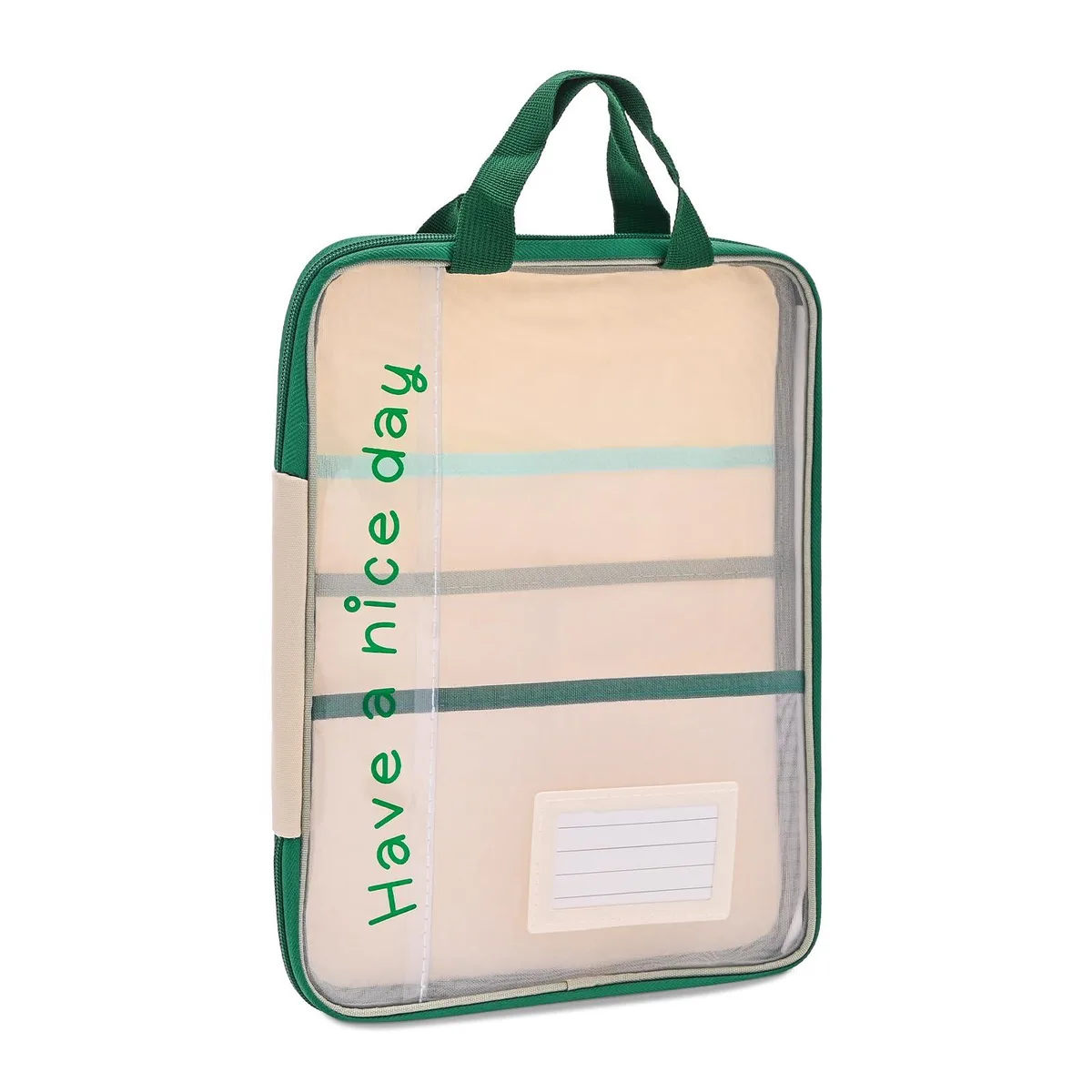 Deep green A4 mesh zipper pouch with handle and label slot, 33.5 x 25 cm