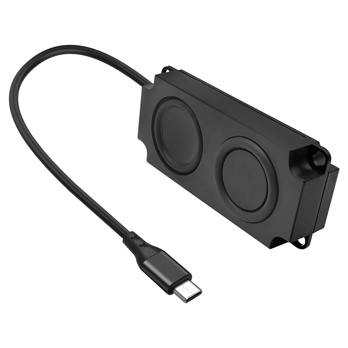 Compact USB-C speaker, 10 by 4.5 by 2.1 cm, carbon-fibre diaphragm, no battery