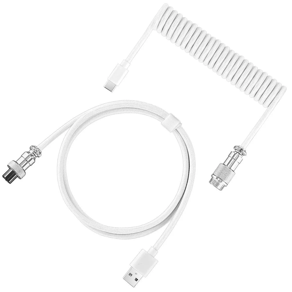 White coiled USB-C to USB-A cable with aviator connector, 1.5m length