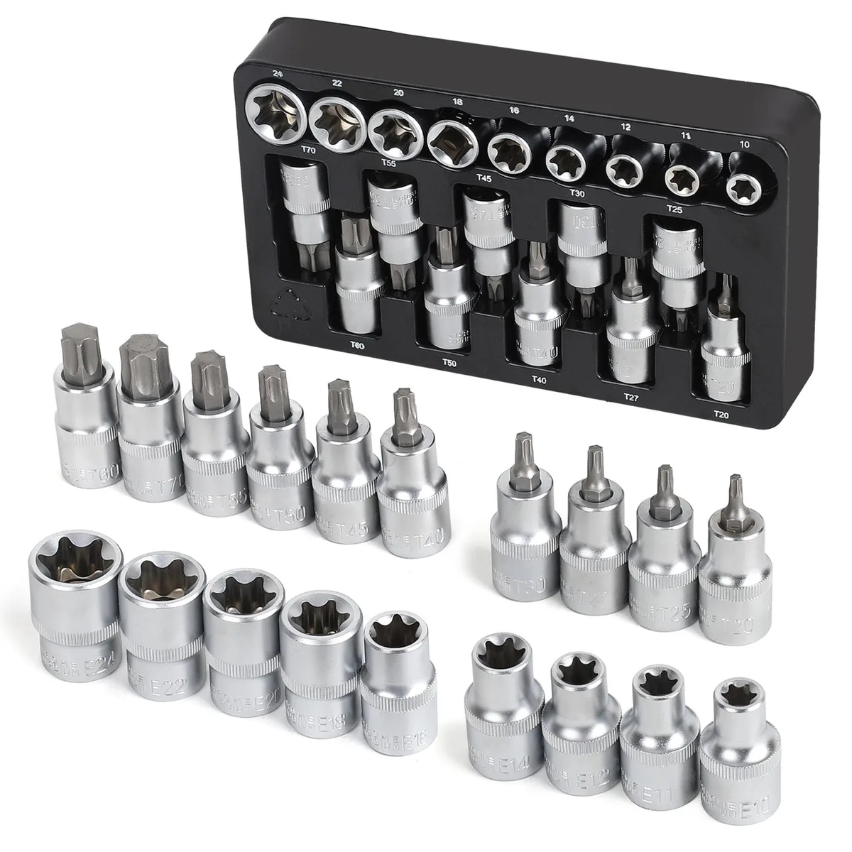 19-Piece 1/2 Drive E-Torx & Torx Bit Socket Set E10-E24 T20-T70 — product photo