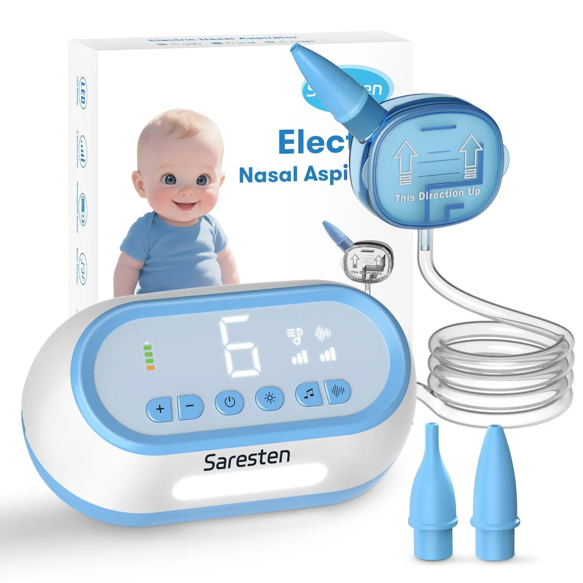 Blue electric nasal aspirator with two silicone tips and storage box