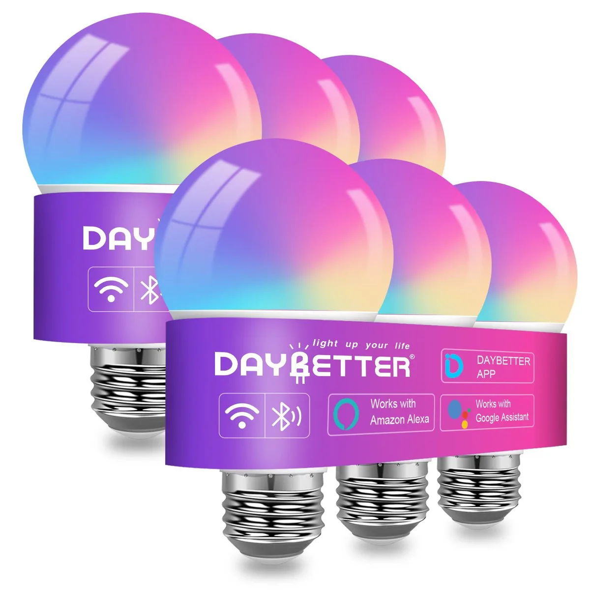 Smart Light Bulbs RGBCW A19 E26 60W 800LM 6 Pack — product photo